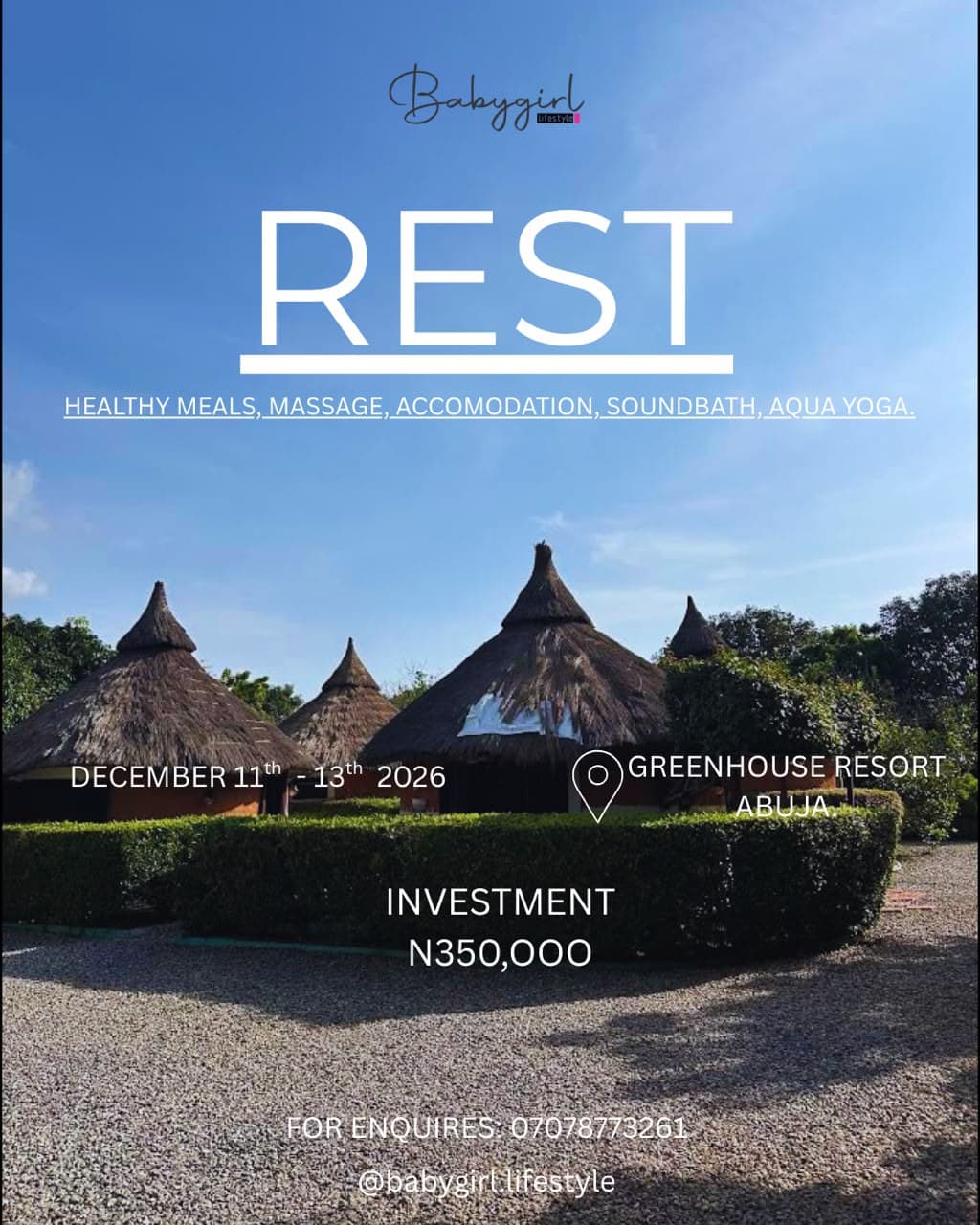 REST retreat flyer: December 11–13, 2026 at Greenhouse Resort, Abuja. Healthy meals, massage, accommodation, sound bath and aqua yoga. Investment ₦350,000.
